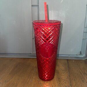 Starbucks Acrylic 2021 Winter Holiday Red Jeweled Tumbler Cold Cup 24oz